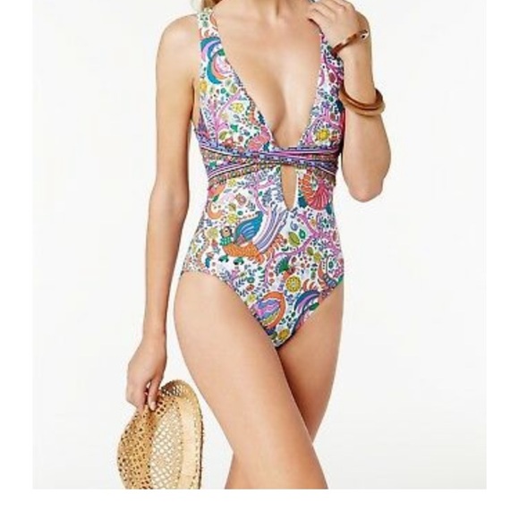 Trina Turk White Jungle Beach Plunge Swimsuit - Picture 2 of 2